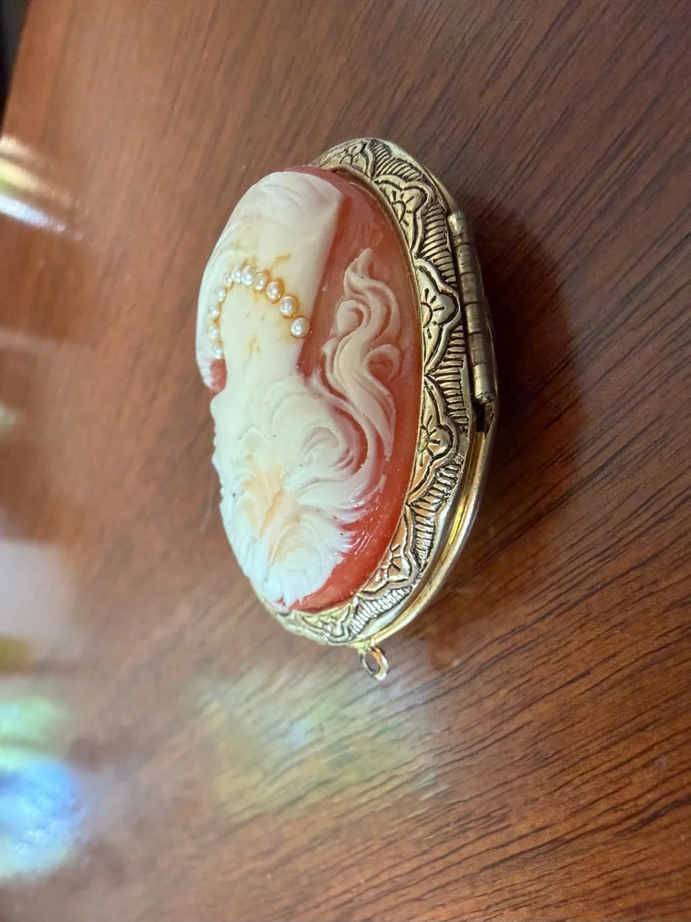 Vintage Locket Coral and Ivory Cameo Pendant Necklace